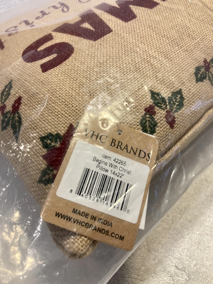 VHC Brands Burlap 22"x14" CHRISTMAS BEGINS WITH CHRIST Holiday Pillow - BNISP - Image 4 of 4