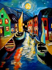 Original Painting Rowboat Artwork Cityscape Nautical Art Moonlight Wall Art
