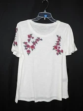 NWT DG2 DIANE GILMAN WHITE FLORAL EMBROIDERED SHORT SLEEVE TEE TOP SZ S #B307