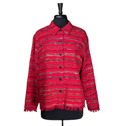Chico's Women's Jacket Red Silk Embroidered Striped Abstract Boho Lined 3 XL/16 - Picture 2 of 10