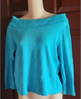 Rafaella Petites Ribbed Cowl Neck 3/4 Sleeve Pullover Stretch Size M Turquoise