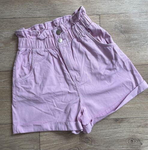 Preciosos Pantalones Cortos de Denim Rosa Claro Bolso de Papel Elástico Cintura Alta Talla 6 H&M - Imagen 2 de 10