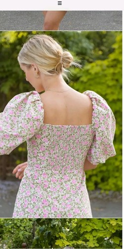 Sezane Cotton Dress Size 44 Pink Rose Floral Print Mini Dress Puff Sleeve - Picture 3 of 7