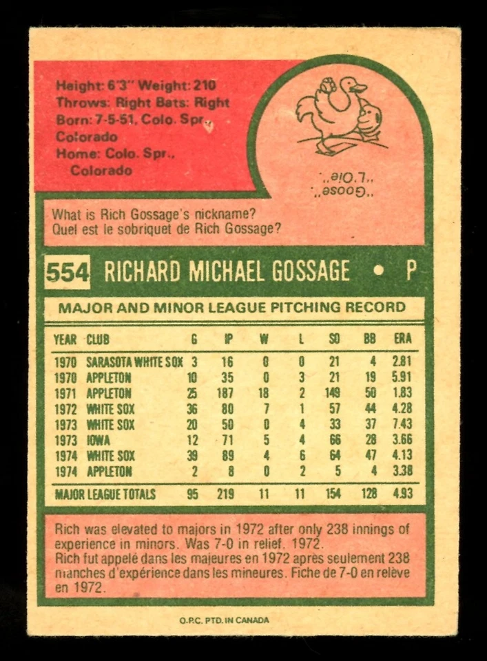 1975 TOPPS OPC O PEE CHEE BASEBALL #554 Rich Gossage HOF NM Chicago White Sox - Image 2 of 2
