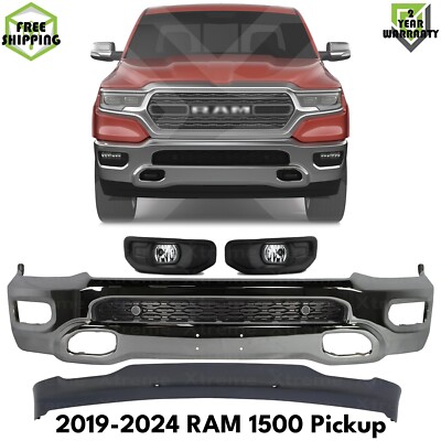 Front Bumper Face Bar Chrome & Fog Lights Assembly Kit For 2019-2024 RAM 1500
