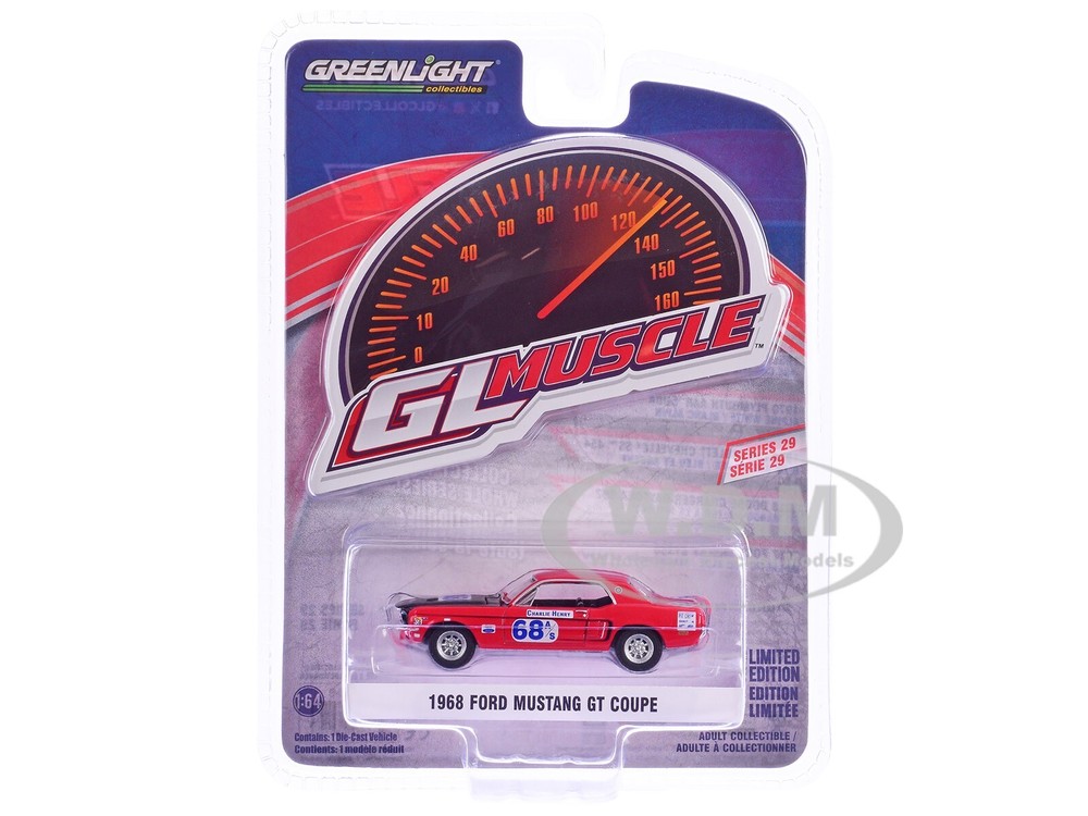 1968 FORD MUSTANG GT #68 CHARLIE HENRY 1/64 DIECAST MODEL BY GREENLIGHT 13360 B