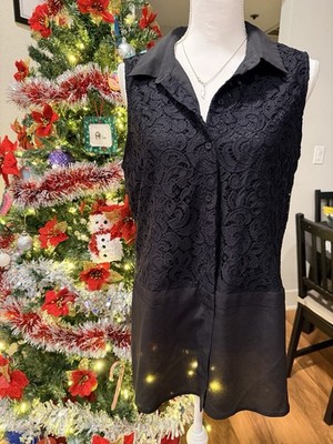 Calvin Klein Sleeveless Collared Black Lace Sheer Button-Down Floral Blouse