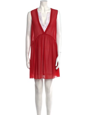Sandro A Line Sleeveless Red White V Neck Chiffon Mini Tunic Dress EUC Size 1/S