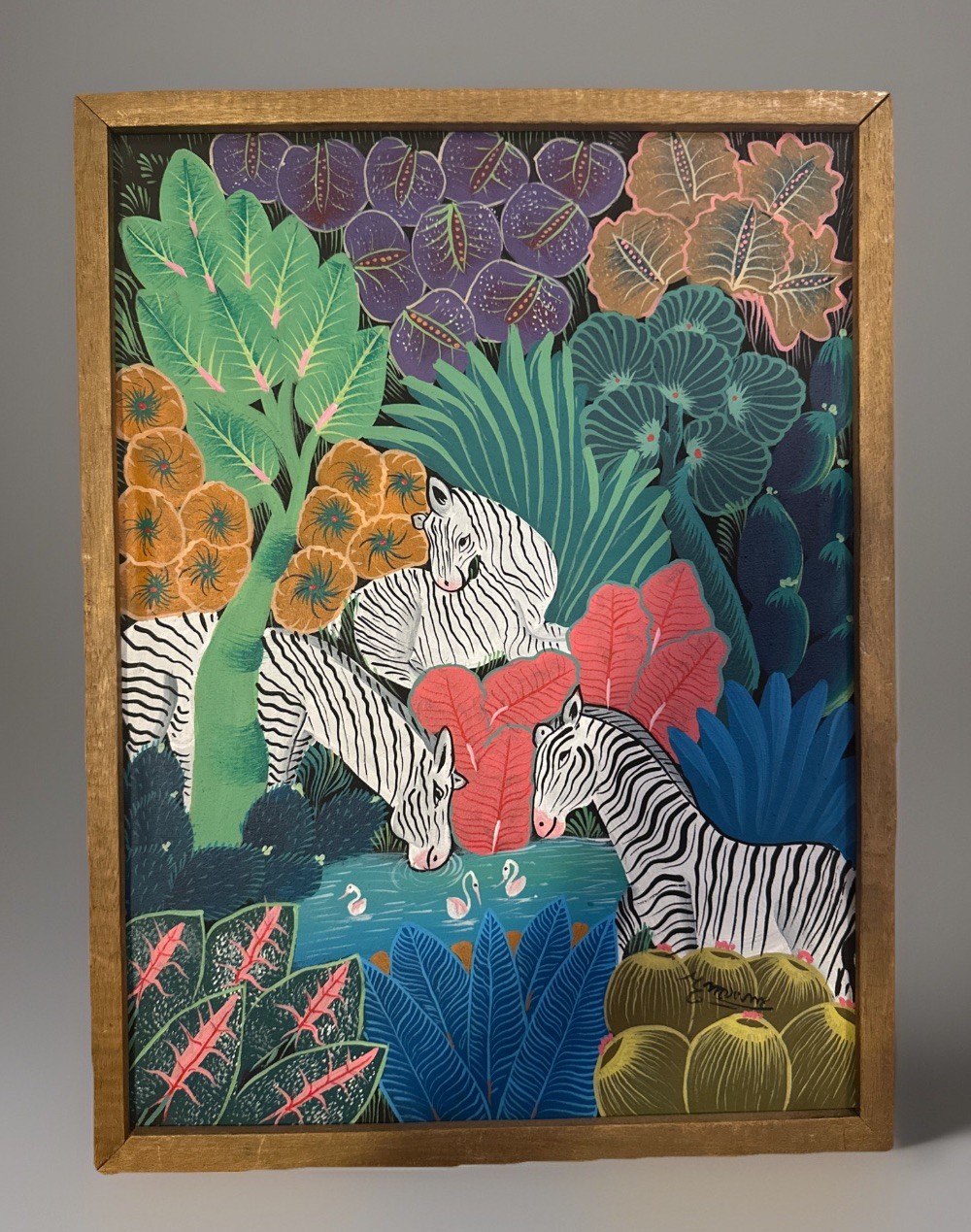 🔥Original E. Maxime Haitian Artist  Signed Acrylic Painting Jungle Scene Framed