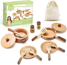 Wooden Play Cooking Set with Plates and Dishes, Kitchen Toys for Kids 3 4 5 6, M
