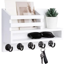 Key and Mail Holder Wall Mount with Storage Box 5 Hooks for Coat Dog Leash