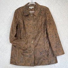 Vtg Faux Suede Jacket Womens L Brown Embossed Paisley Boho Hippie Fairygrunge