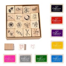 24 Pcs Wooden Rubber Stamp and 8-Color Craft Ink Pad Set for DIY Scrapbooking