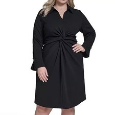 Calvin Klein Twist Design V Neck Collared Black Shirt Dress Womens Size 14W NWT