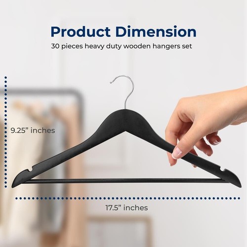 SereneLife 30 Pcs Wooden Hangers - Non-Slip, Sturdy w/ Chrome 360° Swivel Hook - Picture 2 of 7