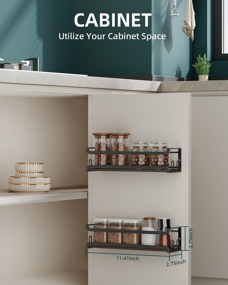 Wall Mounted Spice Rack W/ 16 Hooks Rustic Wood Spice Organizer Shelf ...