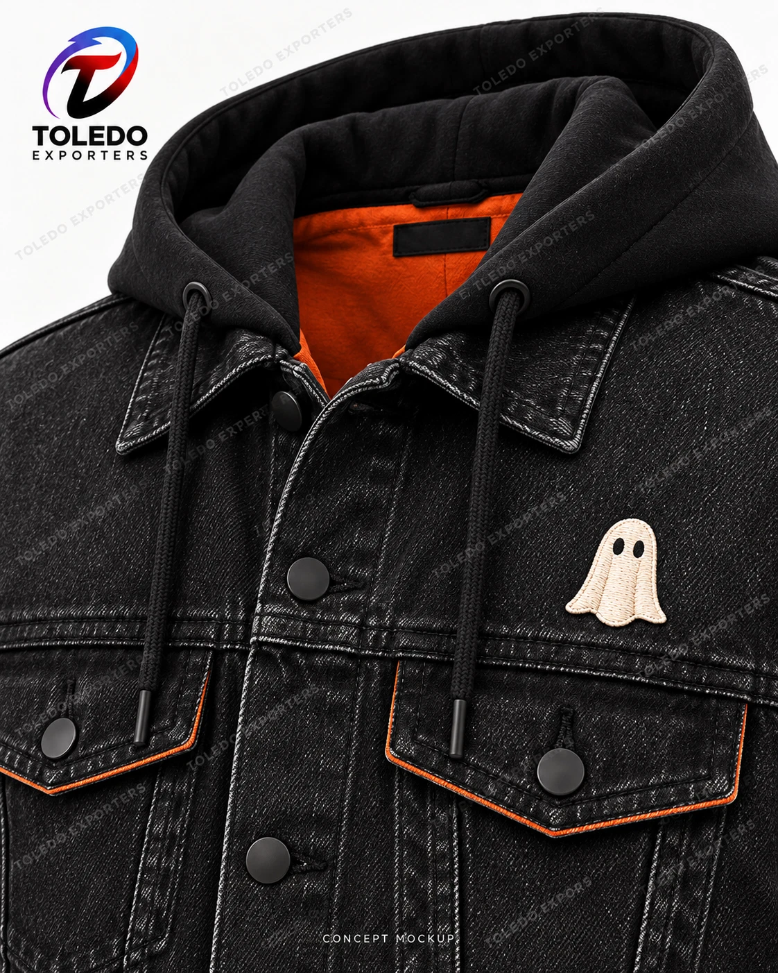 Black Hooded Ghost Denim Jacket with Orange Lining and Halloween Embroidery image 2