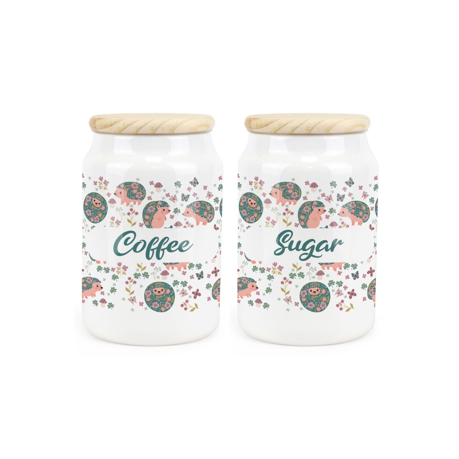 Ceramic Tapered Hedgehogs & Flowers Canisters - Coffee & Sugar Containers