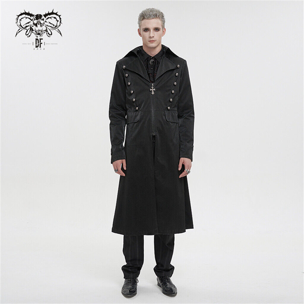 Devil Fashion Black Gothic Punk Leather Cross Long Coat Men