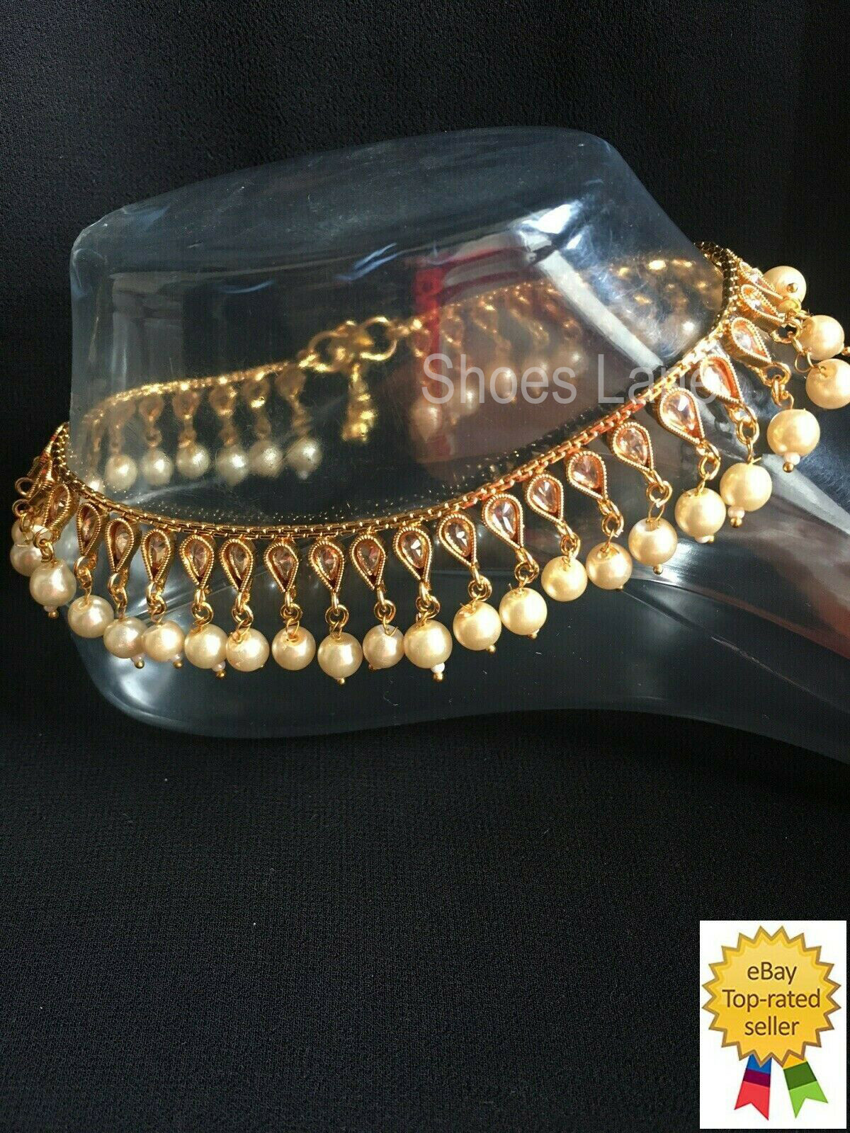 Golden Pearl Diamante Jingle Anklet Stunning Bollywood Payal Chain-image