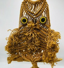 Vintage Mid Century Jute Sisal Macrame Hand Made Woven Owl 25" Pottery Eyes