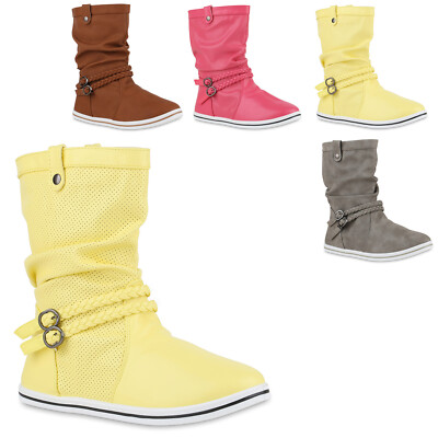 Bequeme Damen Stiefel Flache Schlupfstiefel 70991 Boots Trendy Neu