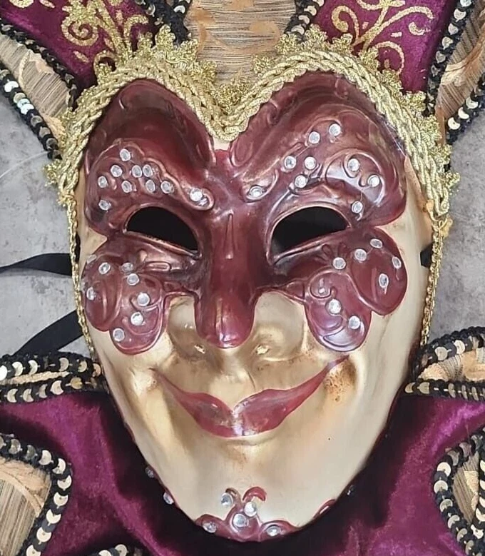 MARDI GRAS MASK JESTER~ MAROON ~ Joker Masquerade Costume Party Mask - Image 2 of 4