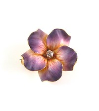 14k Gold Carter Gough Art Nouveau Enamel Diamond Violet Flower Watch Pin Brooch