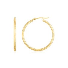 14K Yellow Gold Diamond Cut Hoop Earrings 2x30mm 