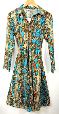 Zara Shirt Dress Small Blue Brown Snake Animal Print Collared Button Long  Sleeve | eBay