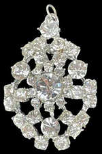 vintage fashion jewelry pendant/brooch Clear Rhinestones On Silver 2” Long