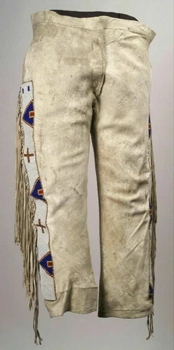 Mens Beige Buckskin Suede Leather Sioux Beaded Fringe Powwow Regalia Pants NAP02