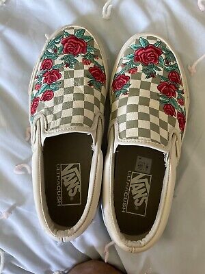 Classic Vans Slip-Ons, Checkers W/ Rose Embroidered LEATHER Classic Vans Slip-Ons, Checkers W/ Rose Embroidered LEATHER