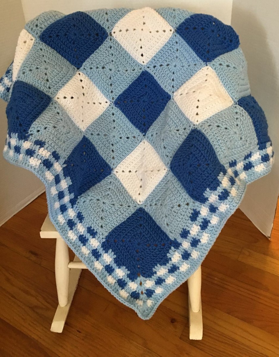 Blue Gingham Crochet Baby Blanket, 38