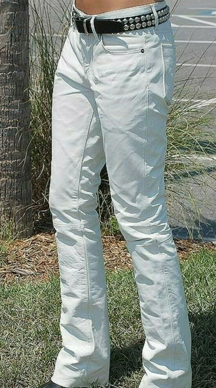 New Men's White Leather Pant Pure Sheepskin Stylish Slim Fit Moto Biker Pant