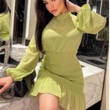 NWT Fashion Nova Chartreuse Kisses Smocked Mini Dress Long Sleeve Sz Small Green