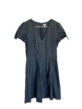 J. Crew Blue Chambray V Neck Ruffle Tie Sleeve Fit Flare Dress 4 Cap Sleeve
