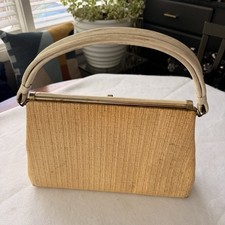 Vintage 1960 s Beige Woven Top Handle Bag Handle Gold Hardware Inner Pockets