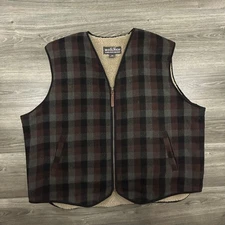 Vintage Woolrich Vest Mens 2XL Brown Plaid Wool Sherpa Lined Zip Front Warm 90s