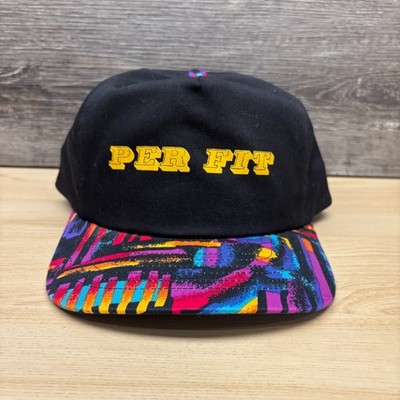 Vintage Per Fit Hat Cap Snap Back Black Multi Color Abstract Geometric 90s Promo