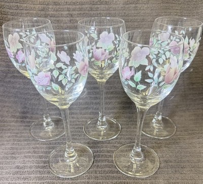 5 Luminarc Florentine Arcopal France Wine Glasses Lavender Flowers 7.25''