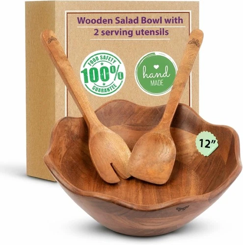Melvvi Large Wooden Salad Bowl Set with 2 Serving Large, Natural