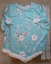 Indigo Poppy Heather Teal White Hibiscus Print Short Sleeve Top Gauze Trim...