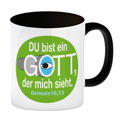 Du bist ein Gott, der mich sieht. Kaffeebecher in schwarz mit Bibel Zitat in