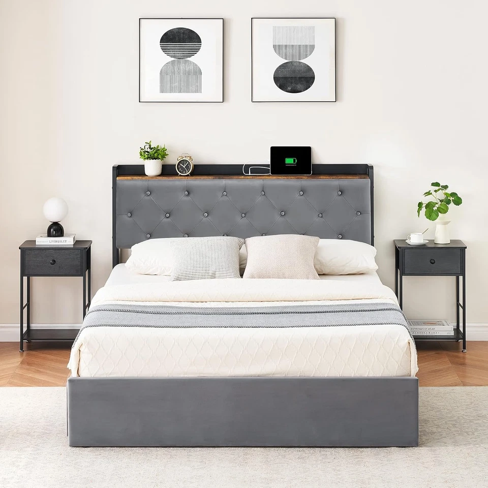 Queen Bed Frame with 4 Storage Drawers & Charging Station Upholstered Bed Frame - Image 4 of 4