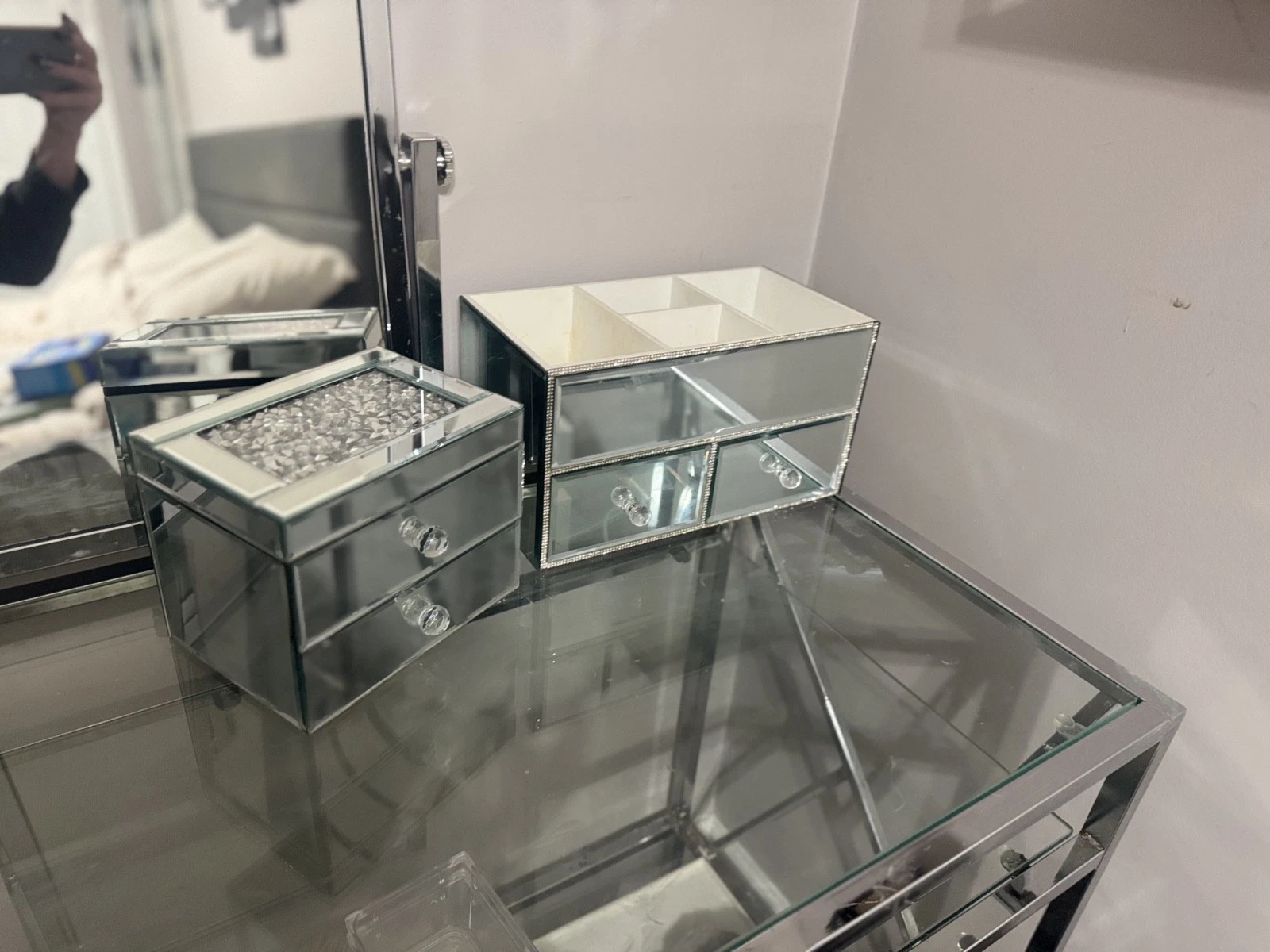 [Set Of 2 ] Mirrored Makeup Organizer Bundle – Large + Small Vanity Storage