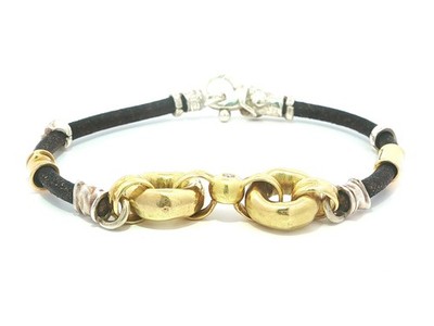 Misani Milano handgefertigtes Silber 18 Karat Gold Leder Kleopatra Armband mit Diamant