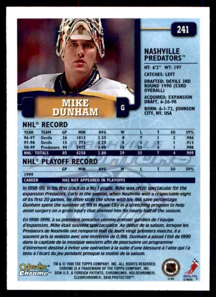 1999-00 O-Pee-Chee Chrome Mike Dunham #241 - Image 2 of 2