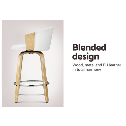 Artiss 2x Bar Stools Kitchen Stool Wooden Chair Swivel Chairs Leather White - Picture 3 of 9