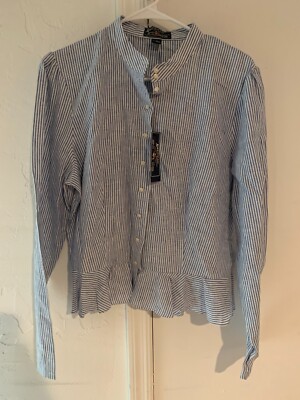 American Living Sz 16 Blue White Striped Button Down Shirt Long Slve Ruffle Edge